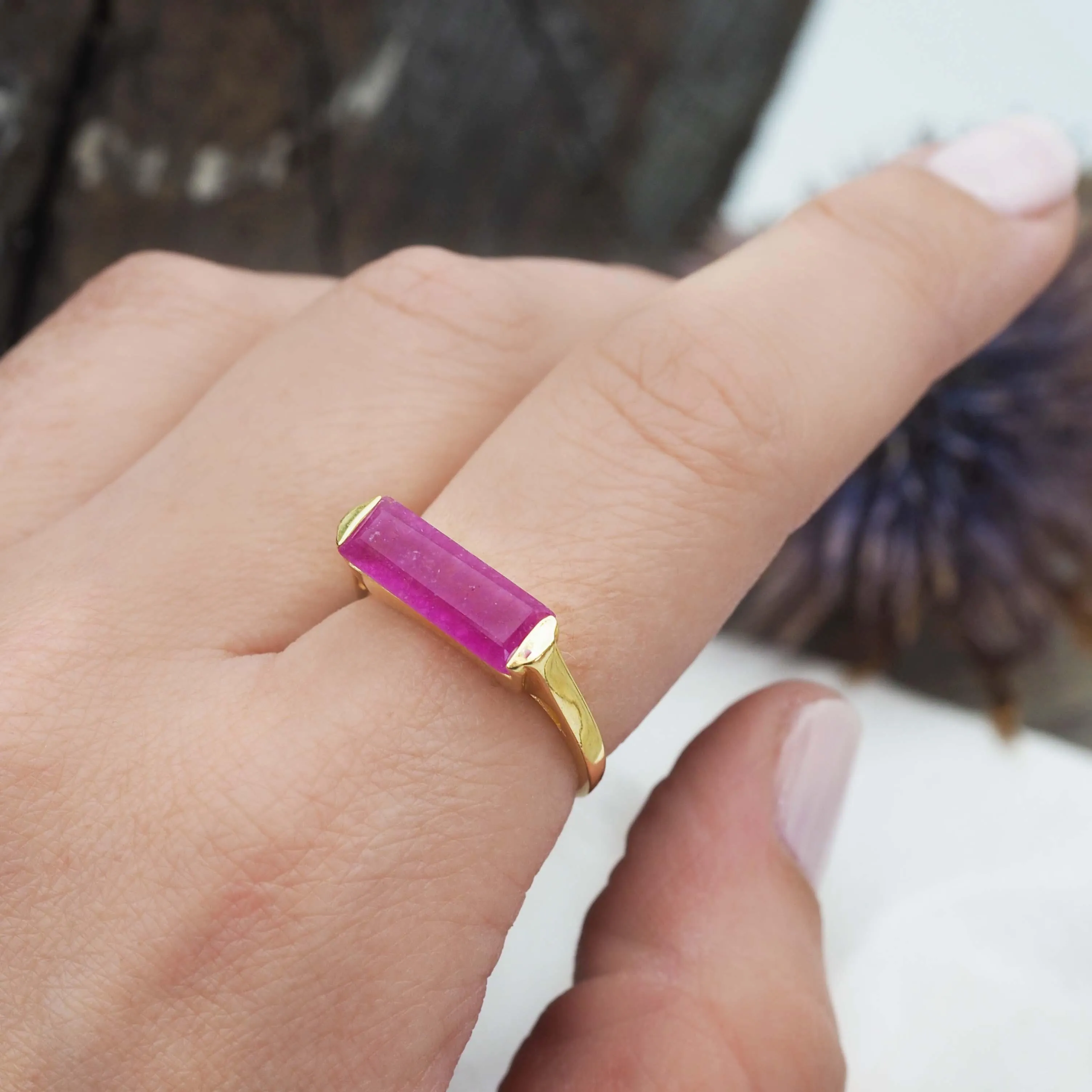 Gold Natural Pink Jade Ring