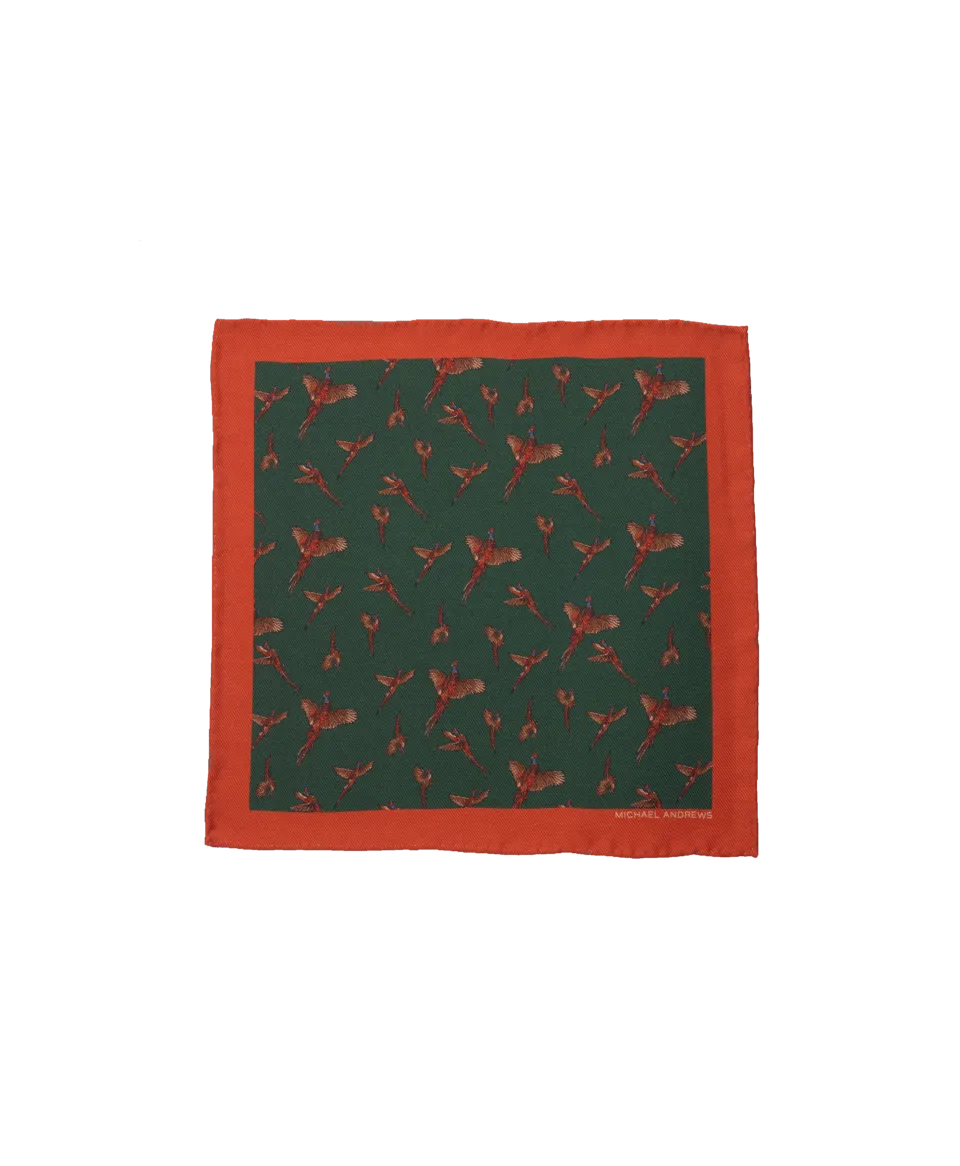 Green, Tan & Red Pheasant Pocket Square | He Spoke Style