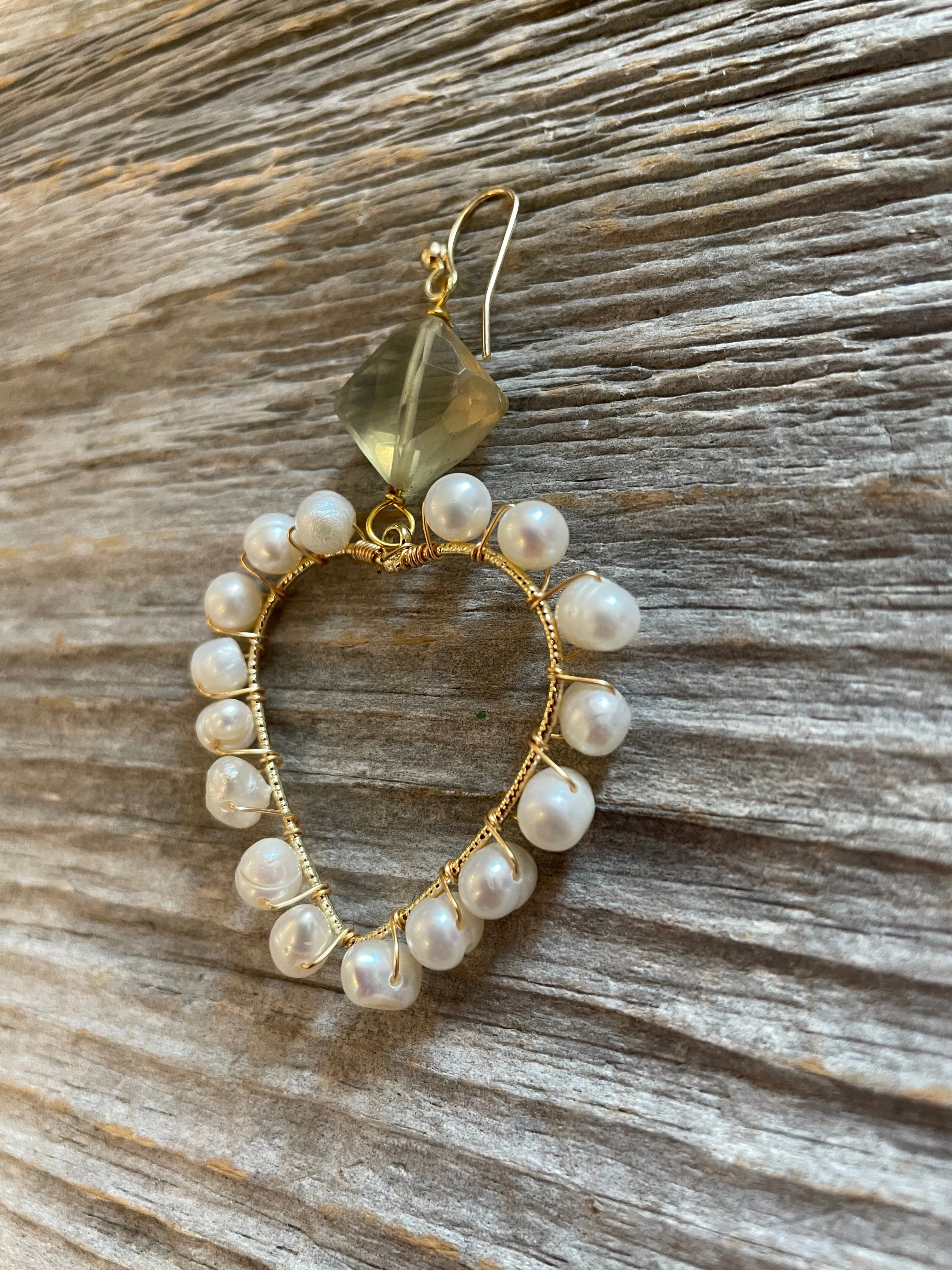 Handmade Gold drop heart Earrings with pearl detail with faceted semi precious lemon quartz