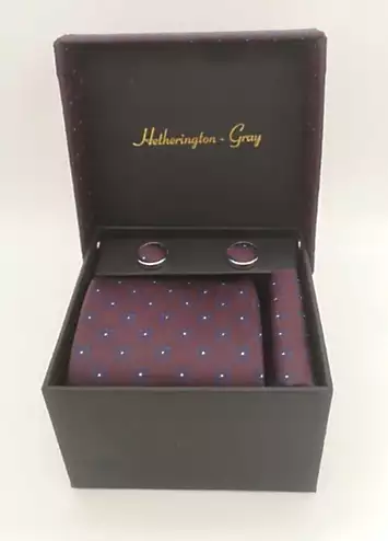 Hetherington Gray Burgundy with Blue Flower Tie, Pocket Square & Cufflink Set | Grattan