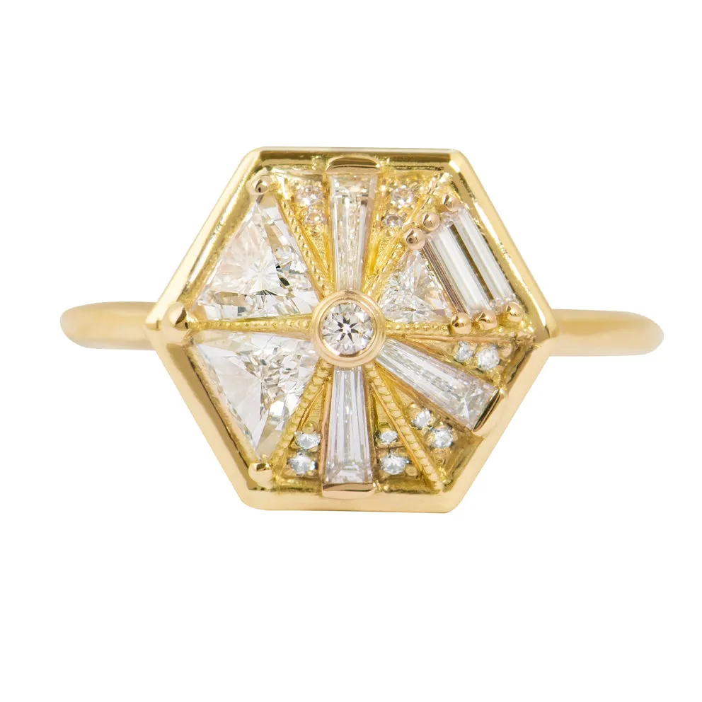 Hexagon Engagement Ring with Cluster of Diamonds