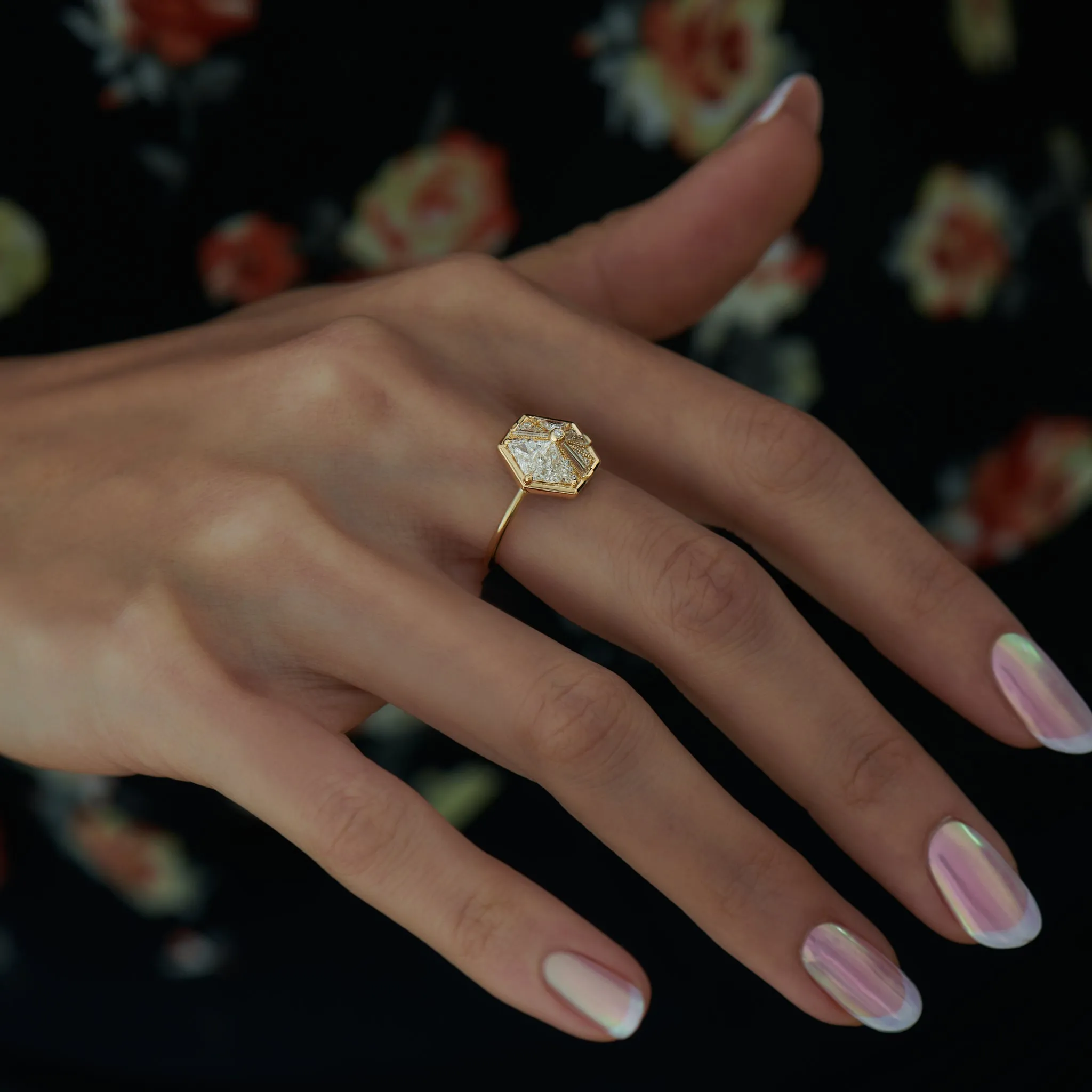 Hexagon Engagement Ring with Cluster of Diamonds