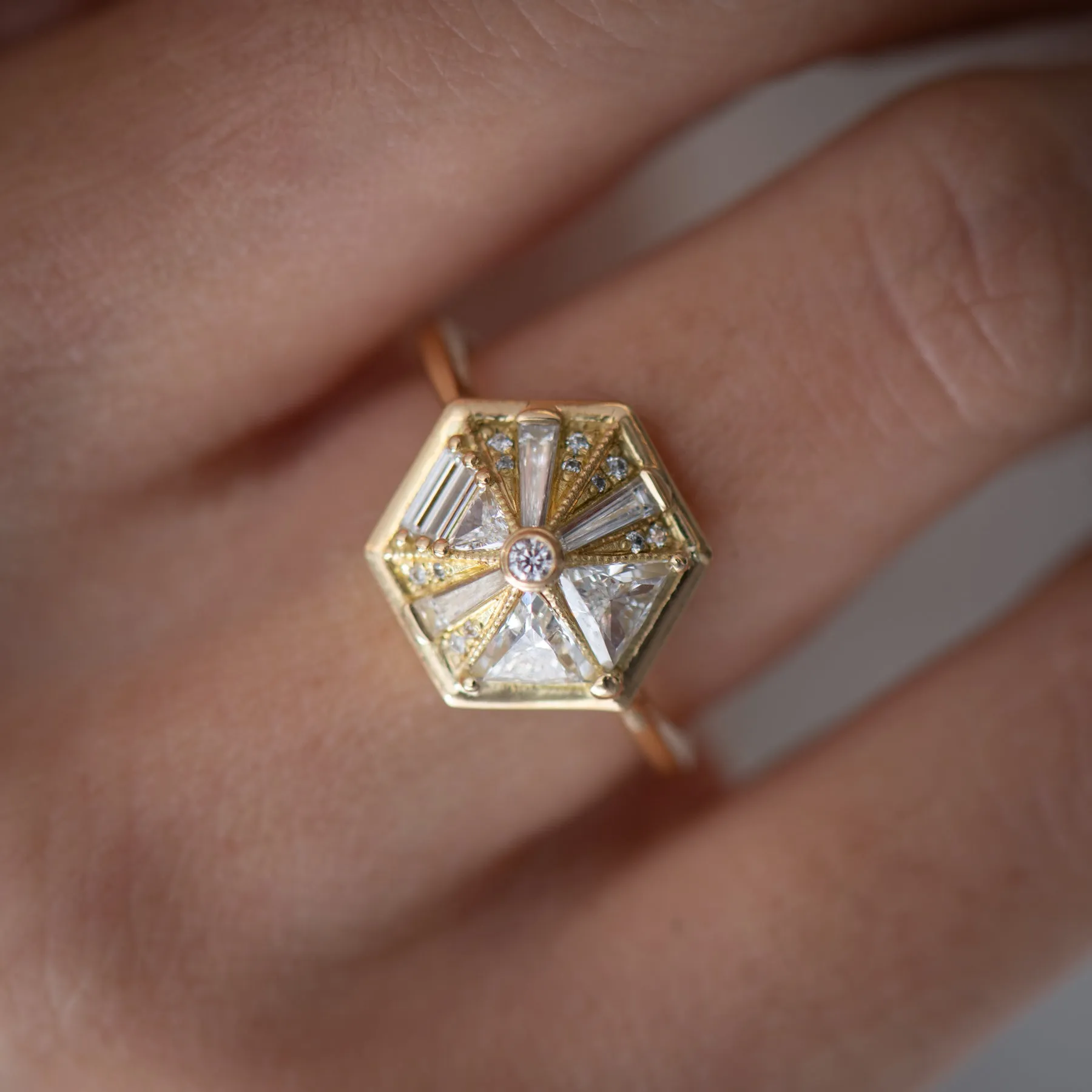 Hexagon Engagement Ring with Cluster of Diamonds