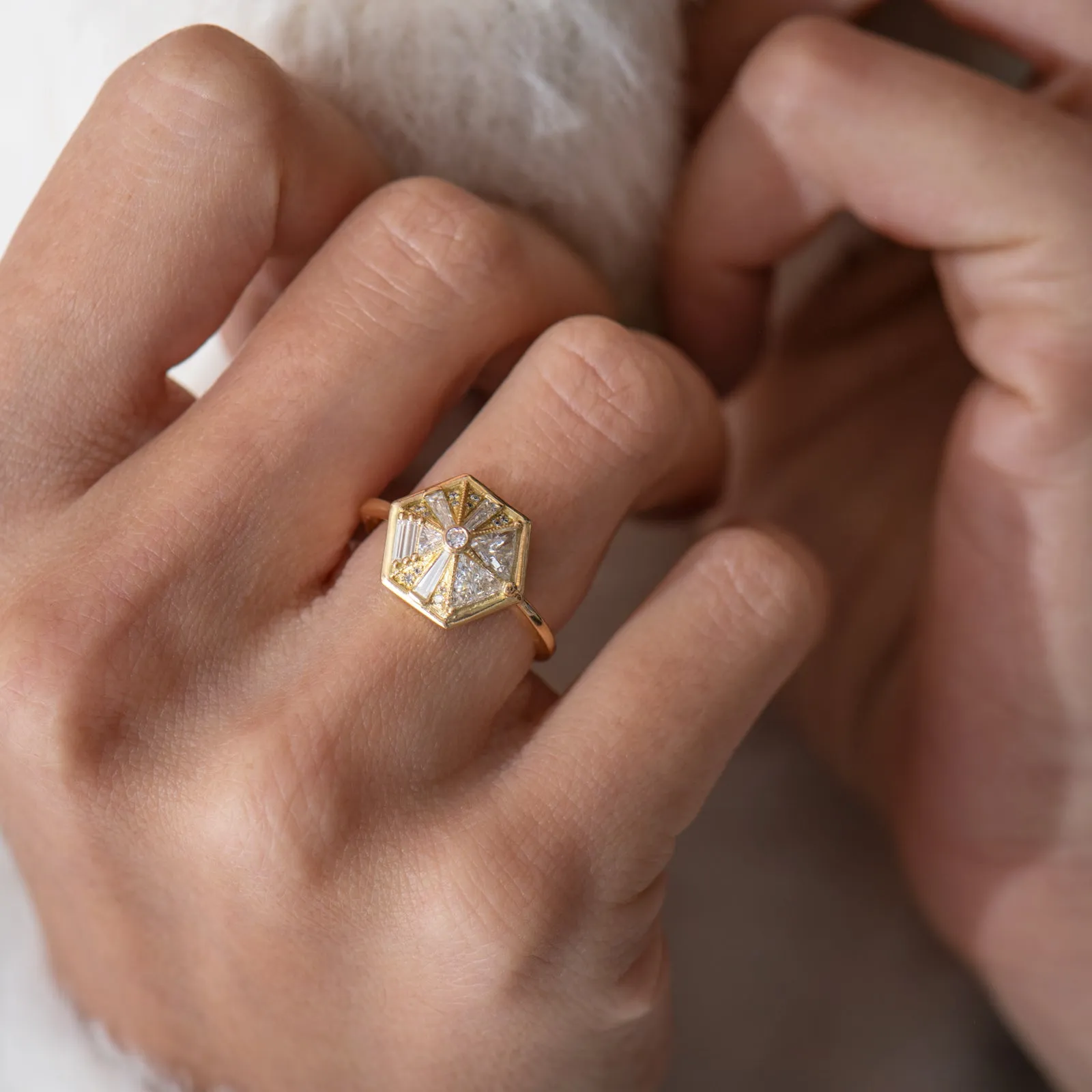 Hexagon Engagement Ring with Cluster of Diamonds