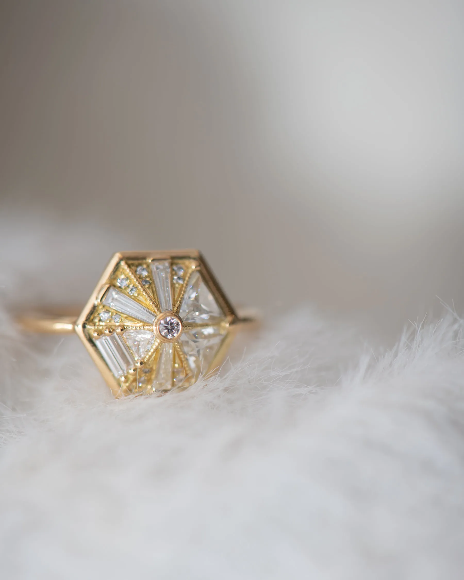 Hexagon Engagement Ring with Cluster of Diamonds