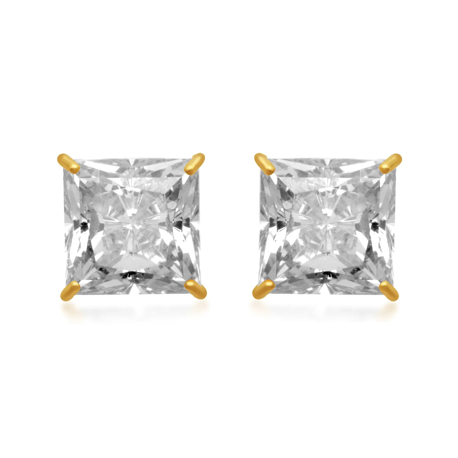 Jewelili 10K Yellow Gold 6mm Princess Cut Cubic Zirconia Stud Earrings