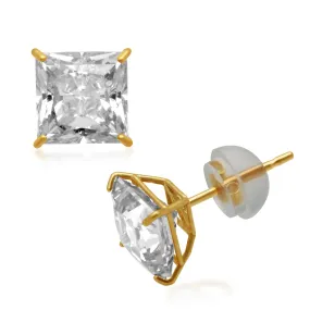 Jewelili 10K Yellow Gold 6mm Princess Cut Cubic Zirconia Stud Earrings