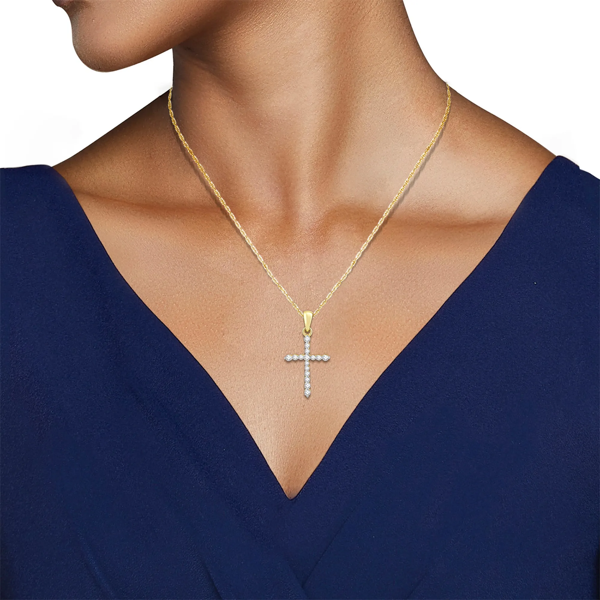 Jewelili 10K Yellow Gold with 1/4 CTTW Diamonds Cross Pendant Necklace