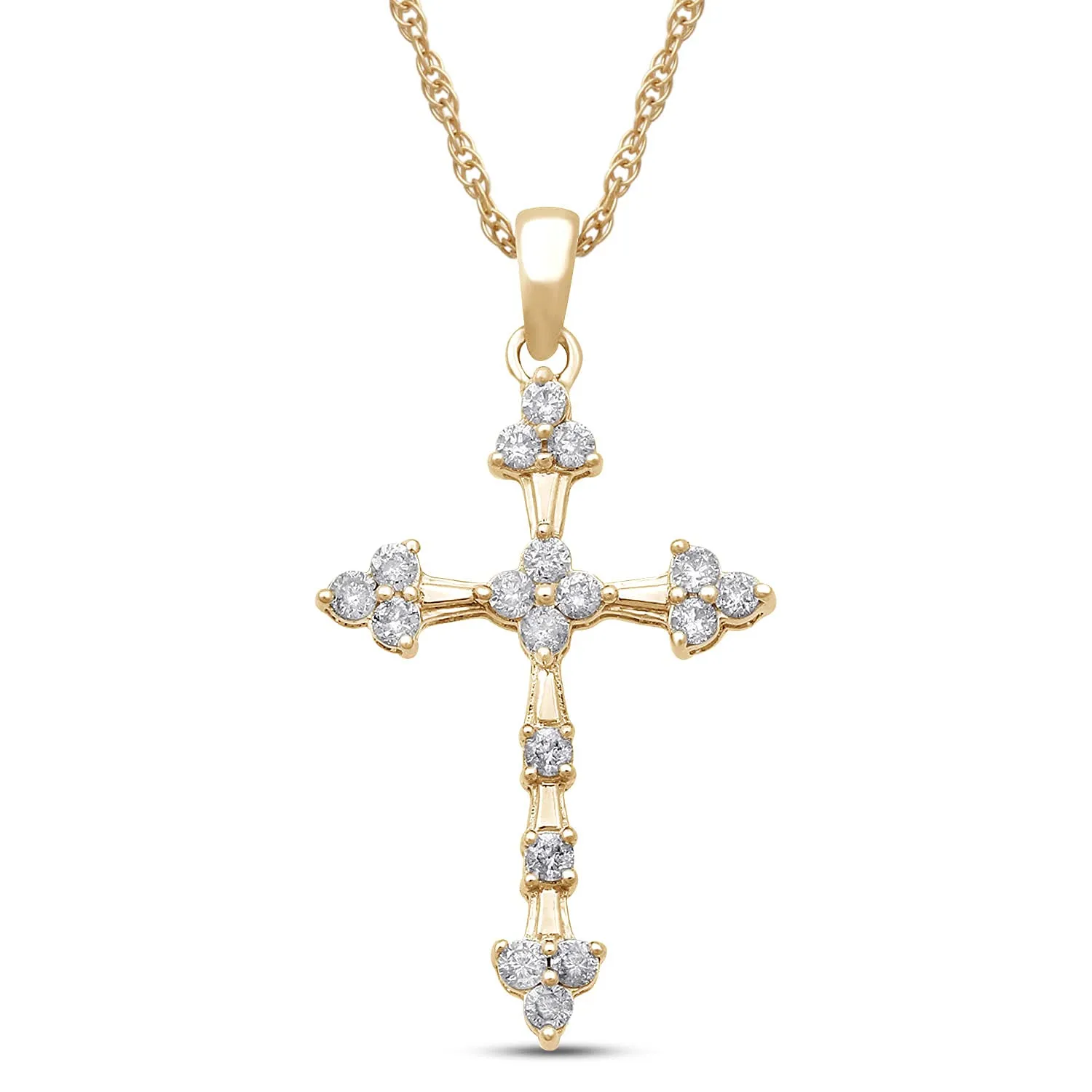 Jewelili 10K Yellow Gold With 1/4 CTTW Natural White Round Diamonds Cross Pendant Necklace