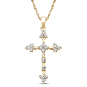 Jewelili 10K Yellow Gold With 1/4 CTTW Natural White Round Diamonds Cross Pendant Necklace