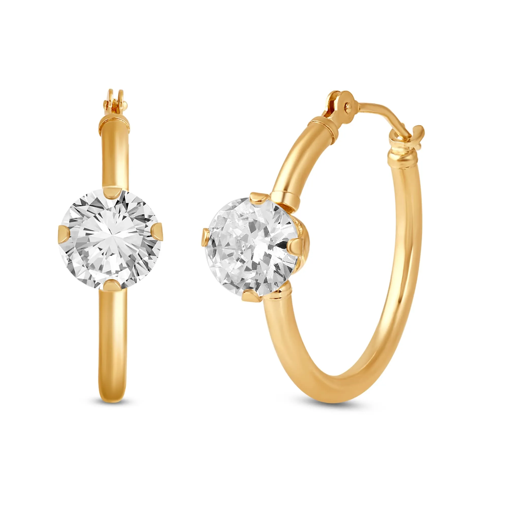 Jewelili 10K Yellow Gold with Cubic Zirconia Hoop Earrings