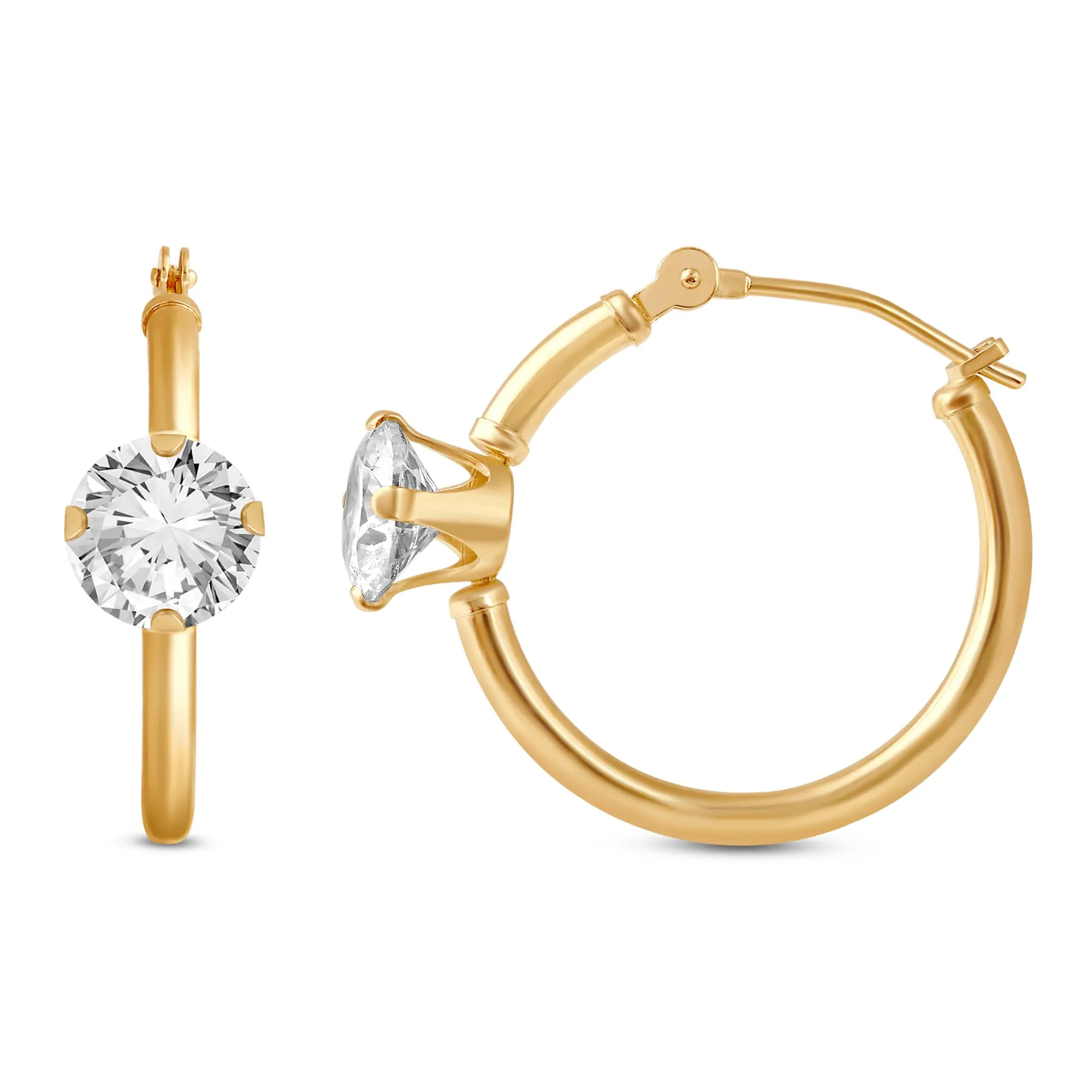 Jewelili 10K Yellow Gold with Cubic Zirconia Hoop Earrings