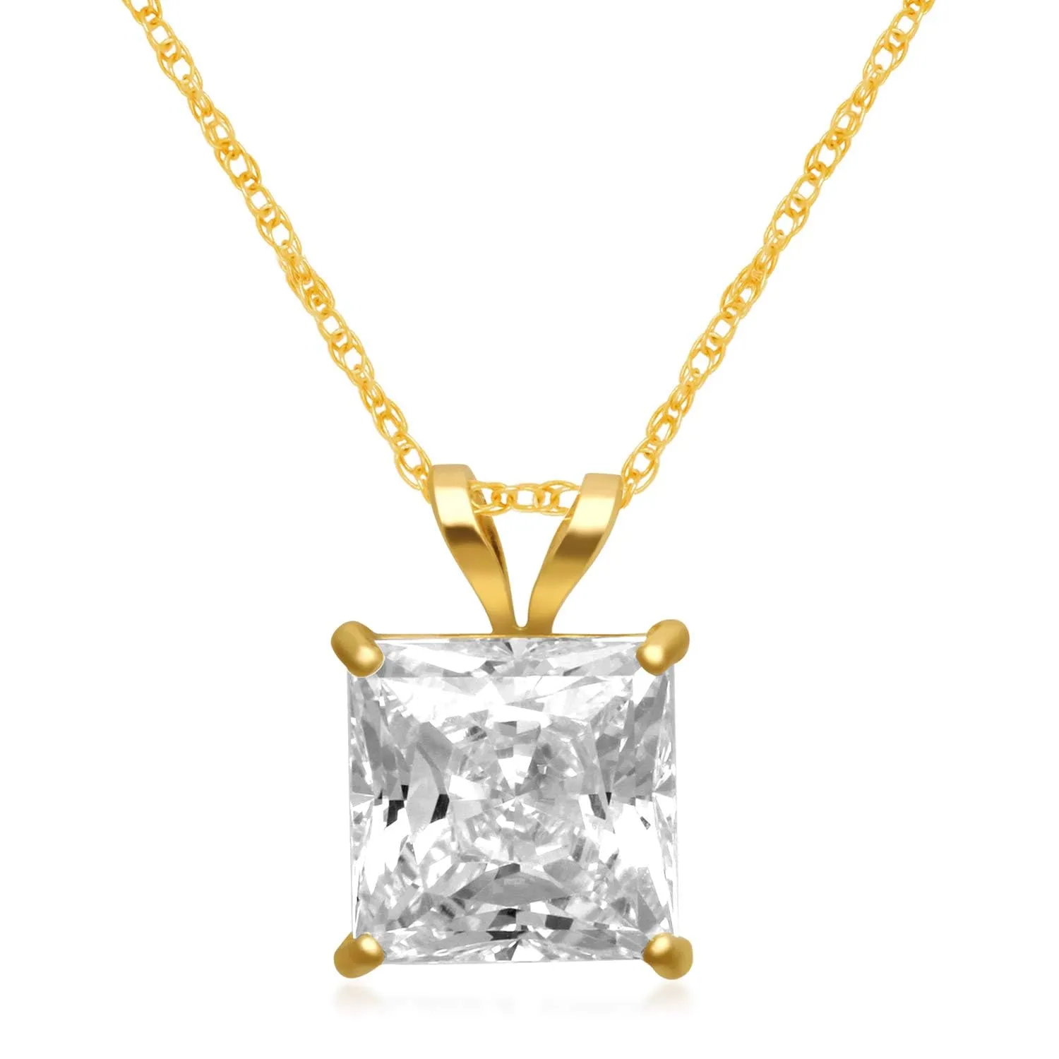 Jewelili 10K Yellow or White Gold 6 MM (1 Cttw), 7 MM (1.5 Cttw) & 7.5MM (2.0 Cttw) Princess Cut Cubic Zirconia Solitaire Pendan