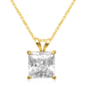 Jewelili 10K Yellow or White Gold 6 MM (1 Cttw), 7 MM (1.5 Cttw) & 7.5MM (2.0 Cttw) Princess Cut Cubic Zirconia Solitaire Pendan