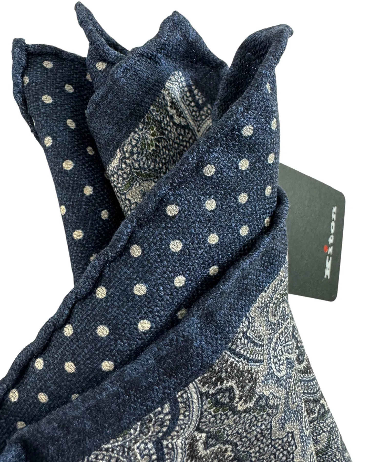 Kiton Pocket Square Navy Polka Dots/ Ornamental 2 Sided Design