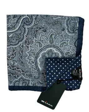 Kiton Pocket Square Navy Polka Dots/ Ornamental 2 Sided Design