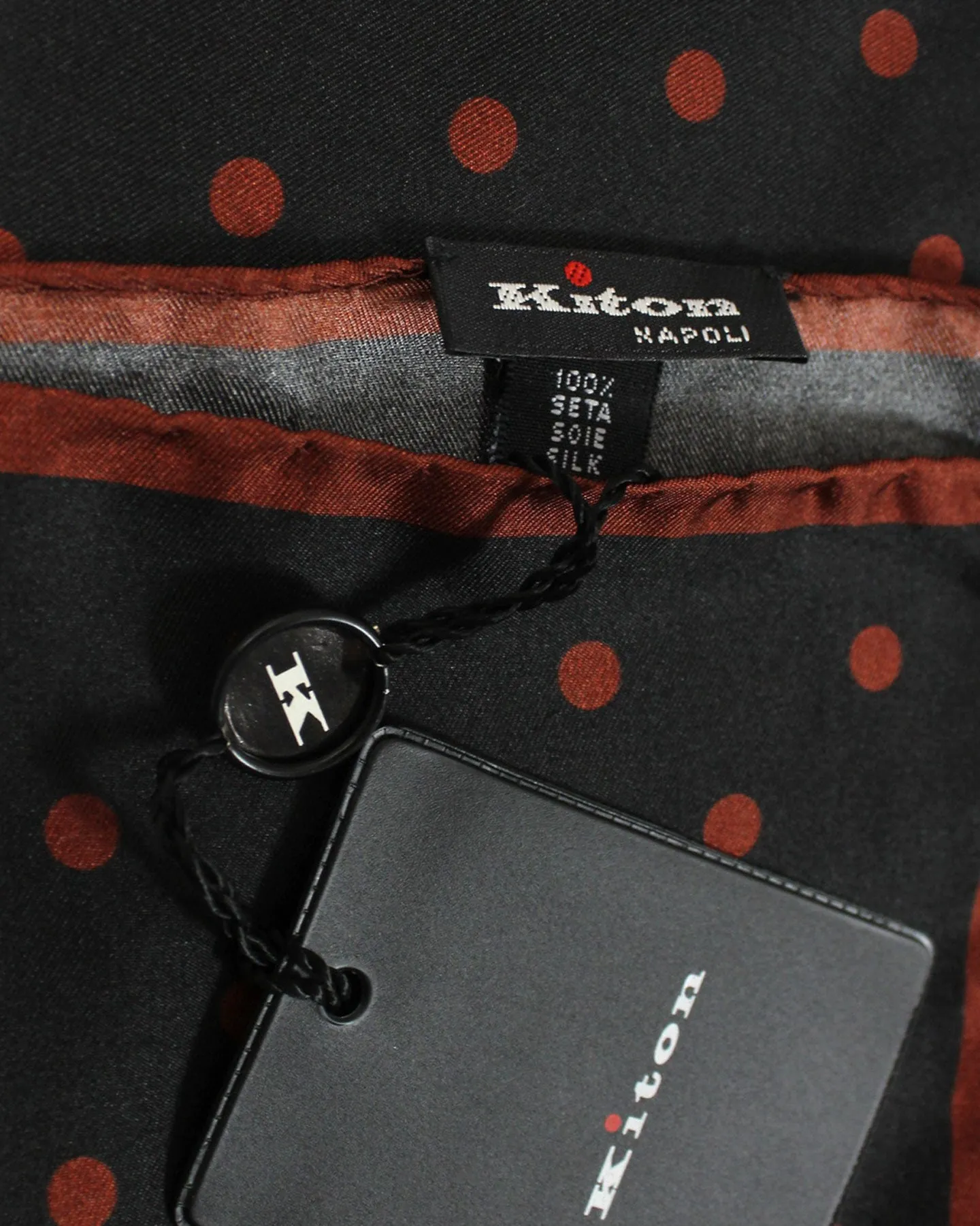 Kiton Silk Pocket Square Black Brown Polka Dots FINAL SALE