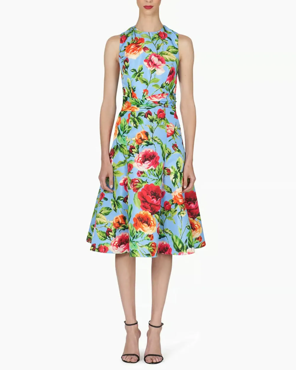 Lake Blue Floral Sleeveless Crewneck Twist Dress