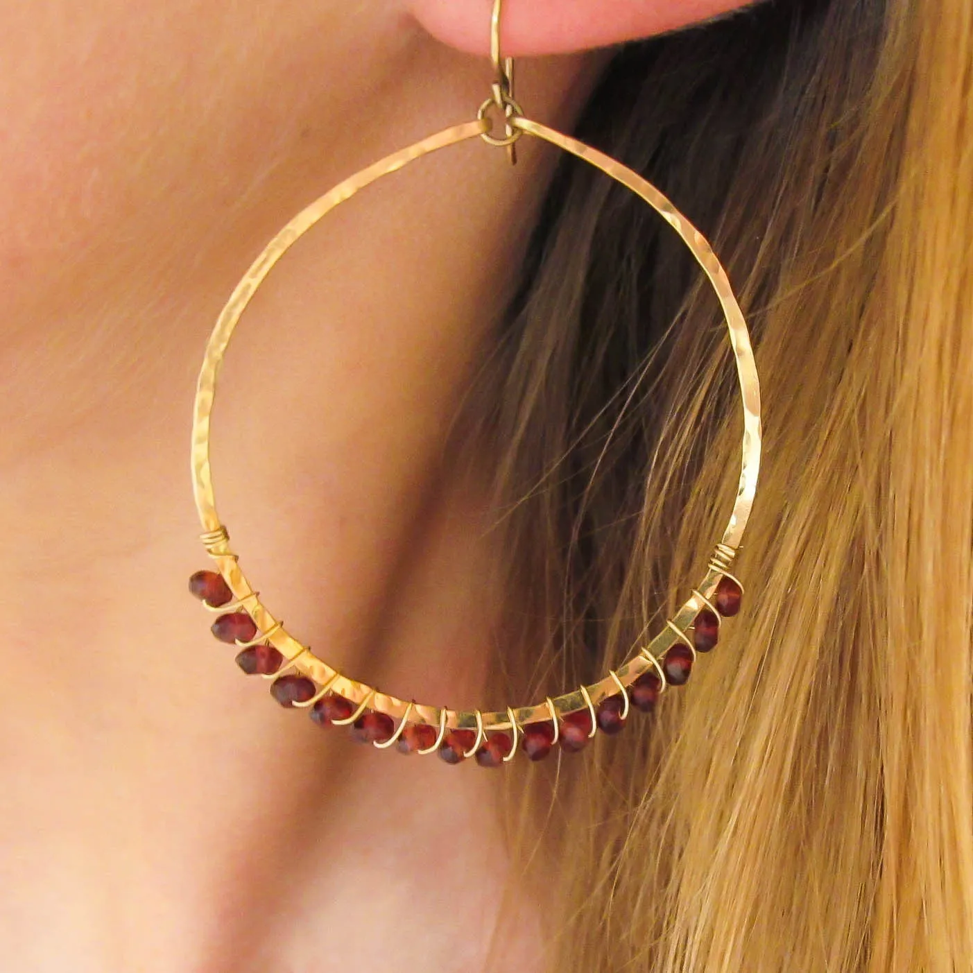 Large Hoop Gemstone Earrings - Garnet