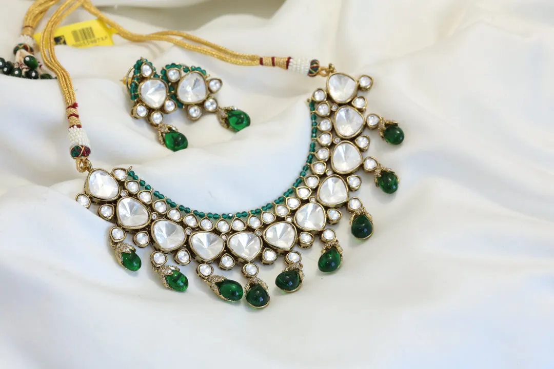 Mehndi Finish Premium Quality Kundan Polki Necklace Set