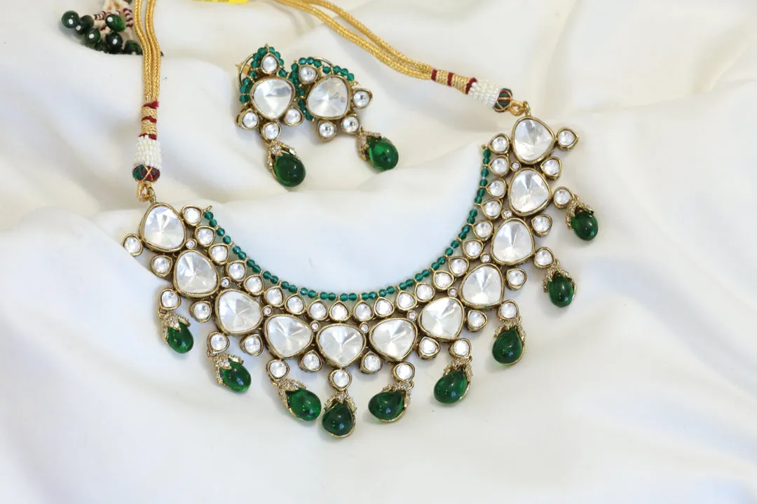 Mehndi Finish Premium Quality Kundan Polki Necklace Set