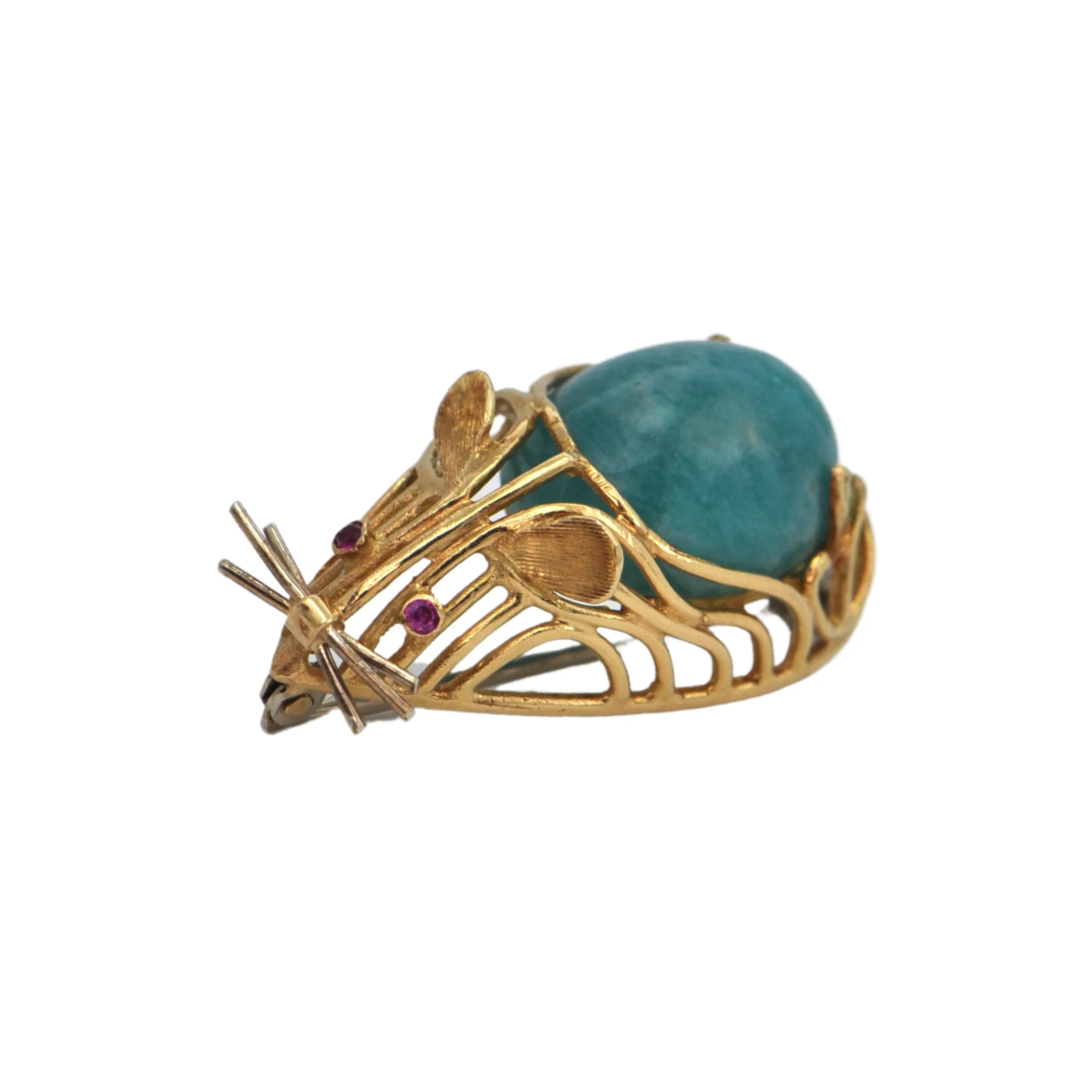 Mid-Century Amazonite and Pink Sapphire 18K Mouse Brooch