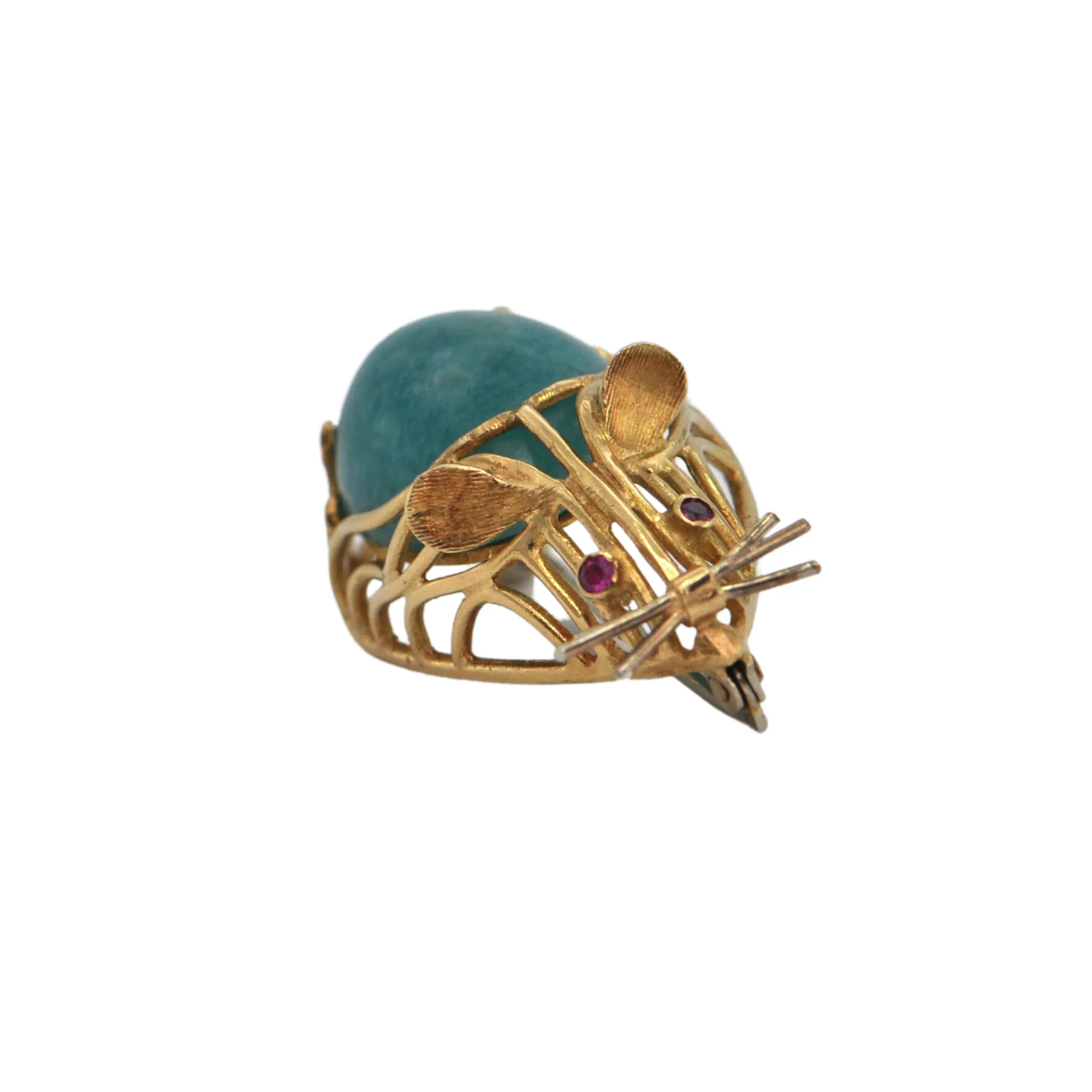 Mid-Century Amazonite and Pink Sapphire 18K Mouse Brooch