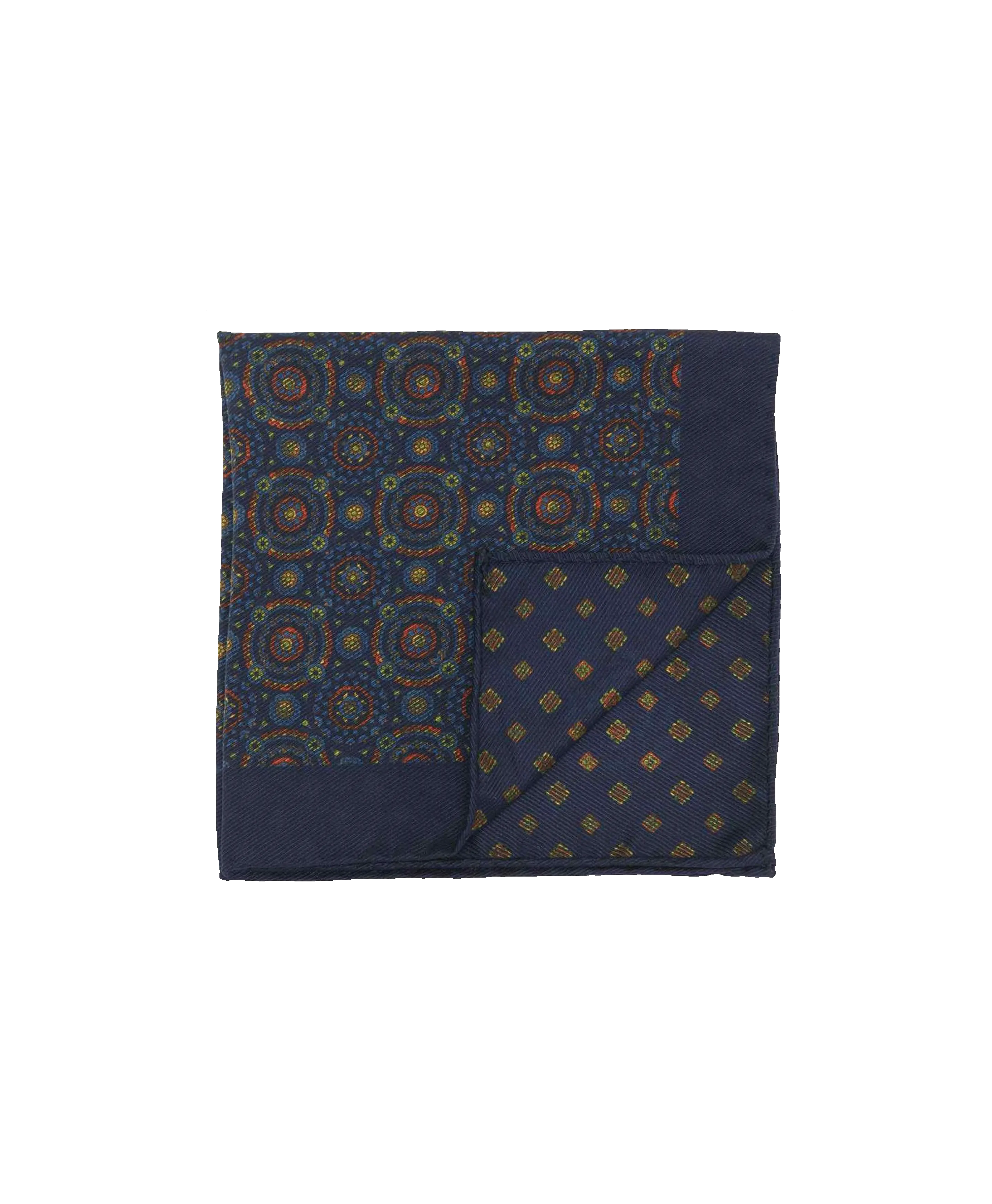 Navy Double Sided Pocket Square Multicolor Kaleidoscope Circles and Small Medallions | He Spoke Style