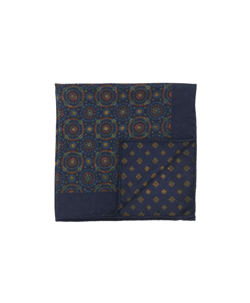 Navy Double Sided Pocket Square Multicolor Kaleidoscope Circles and Small Medallions | He Spoke Style