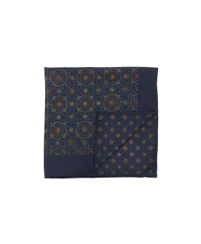 Navy Double Sided Pocket Square Multicolor Kaleidoscope Circles and Small Medallions | He Spoke Style