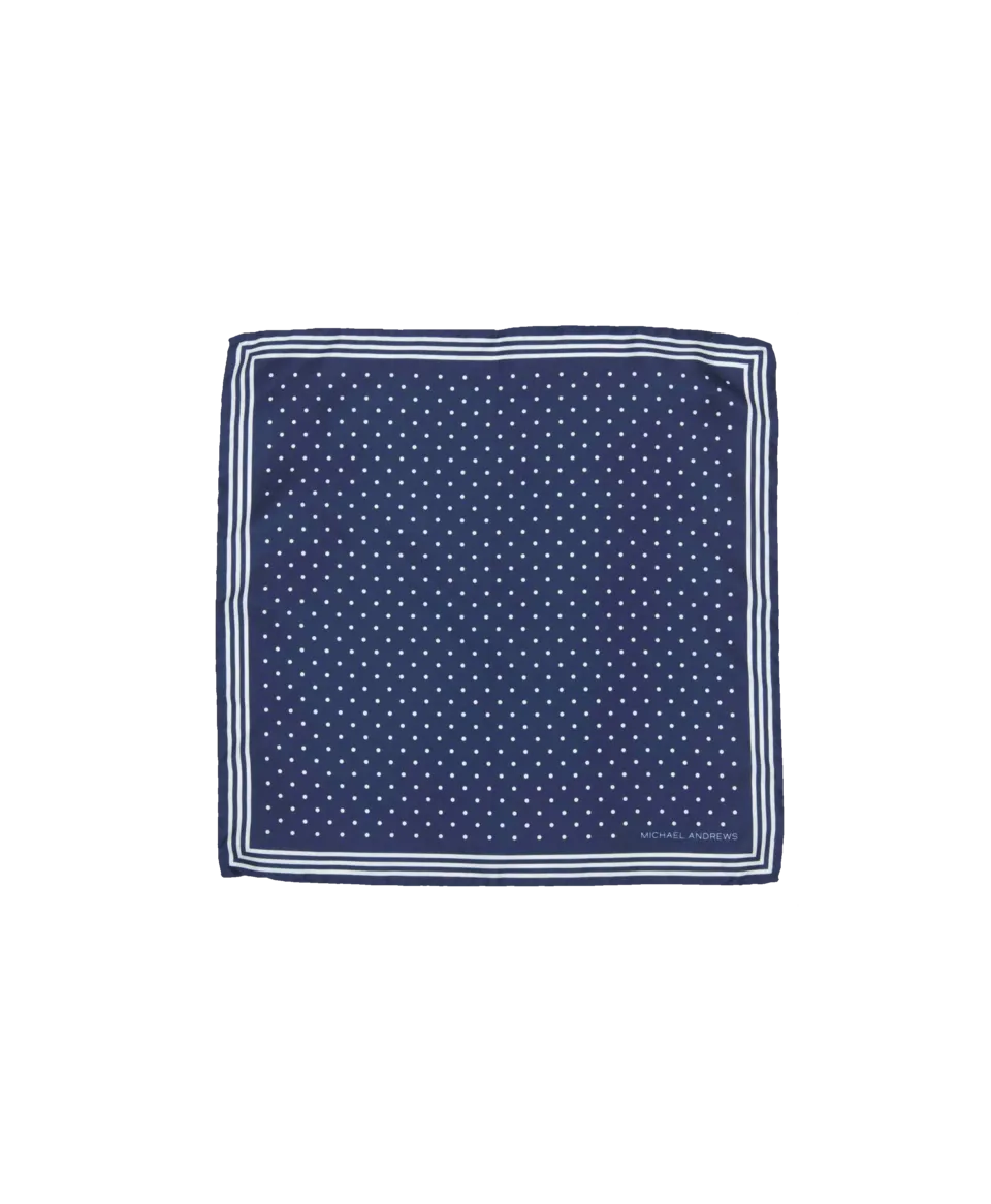 Navy Pocket Square with Classic White Polka Dots and Striped Border | He Spoke Style