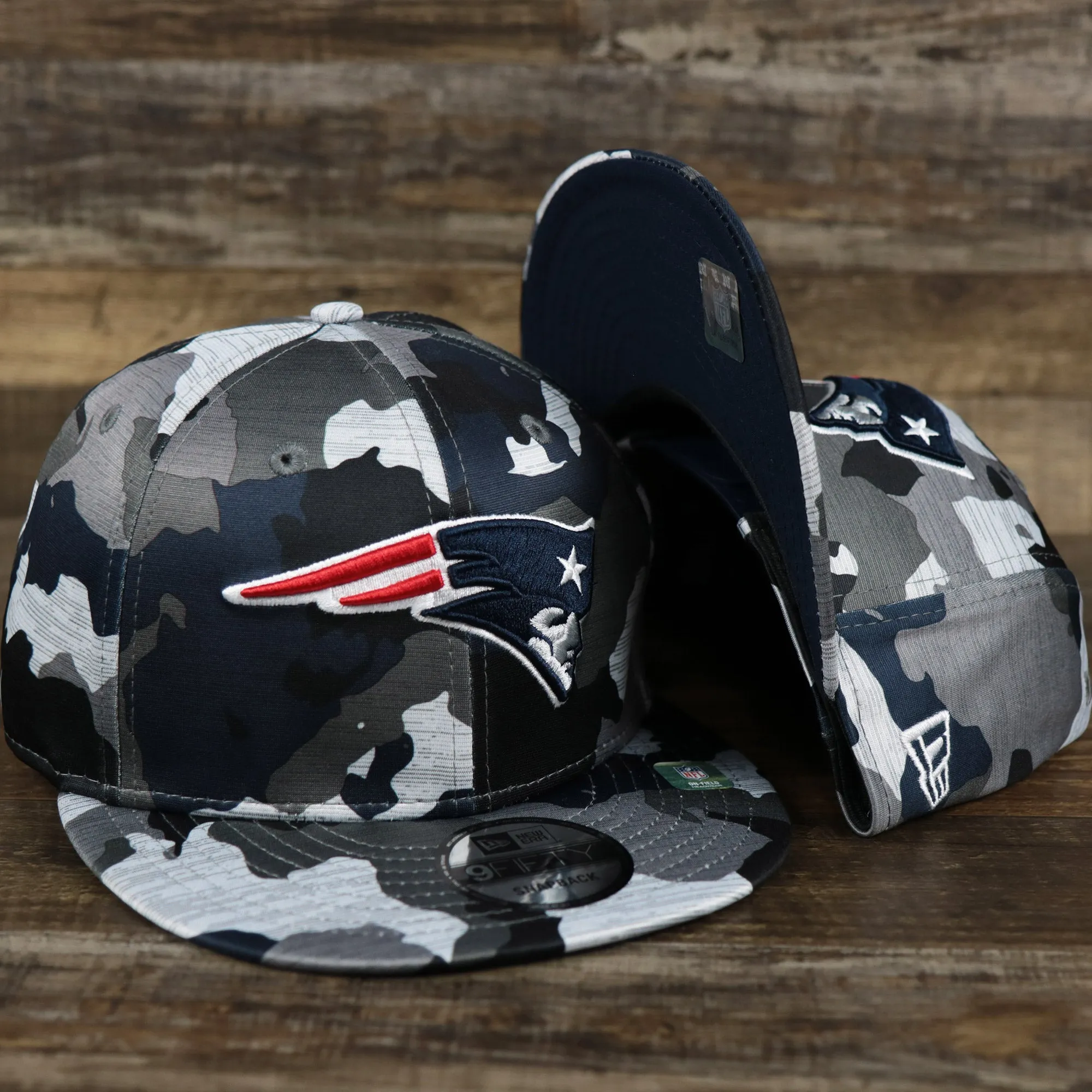 New England Patriots NFL OnField Summer Training 2022 Camo 9Fifty Snapback | Navy Blue Camo 9Fifty