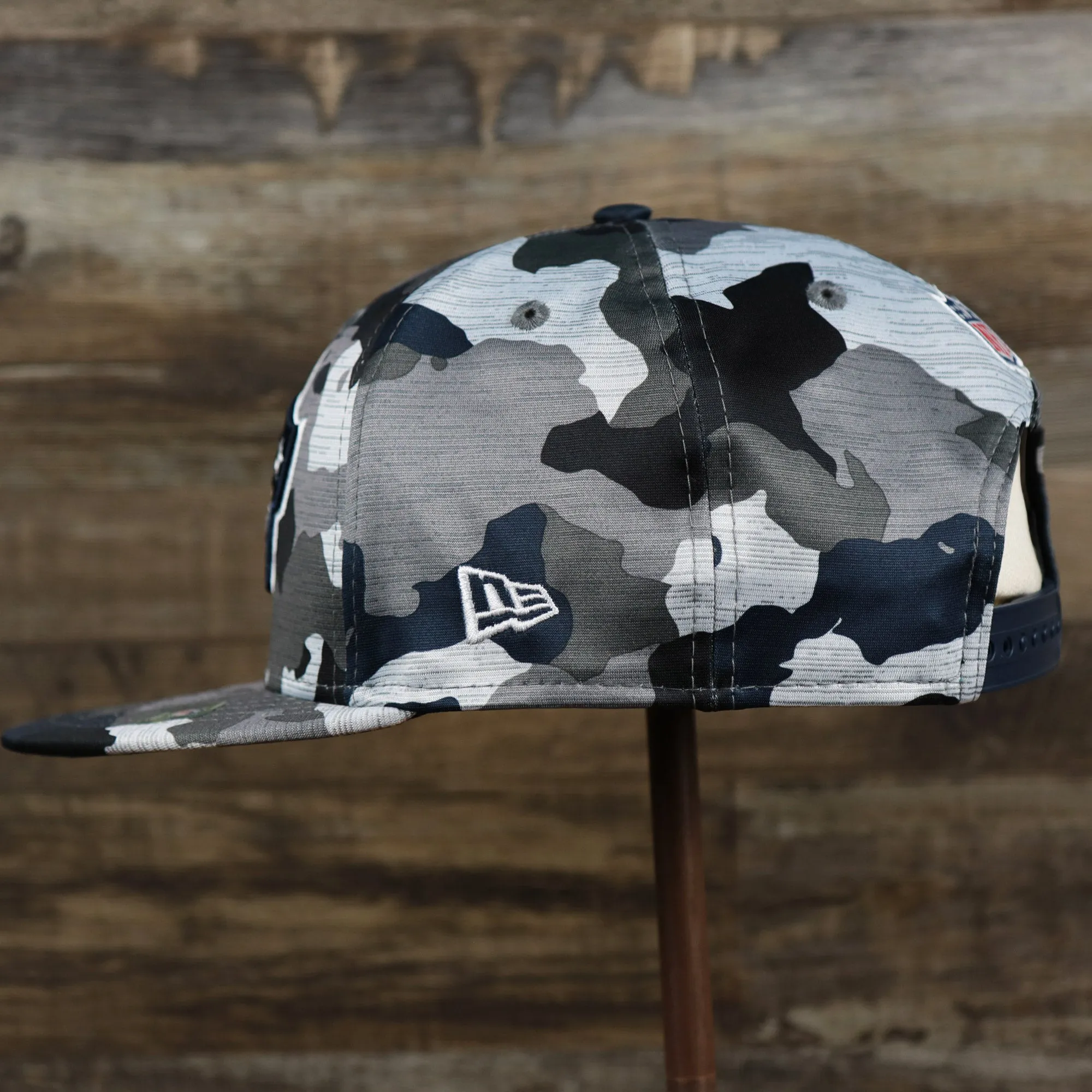 New England Patriots NFL OnField Summer Training 2022 Camo 9Fifty Snapback | Navy Blue Camo 9Fifty