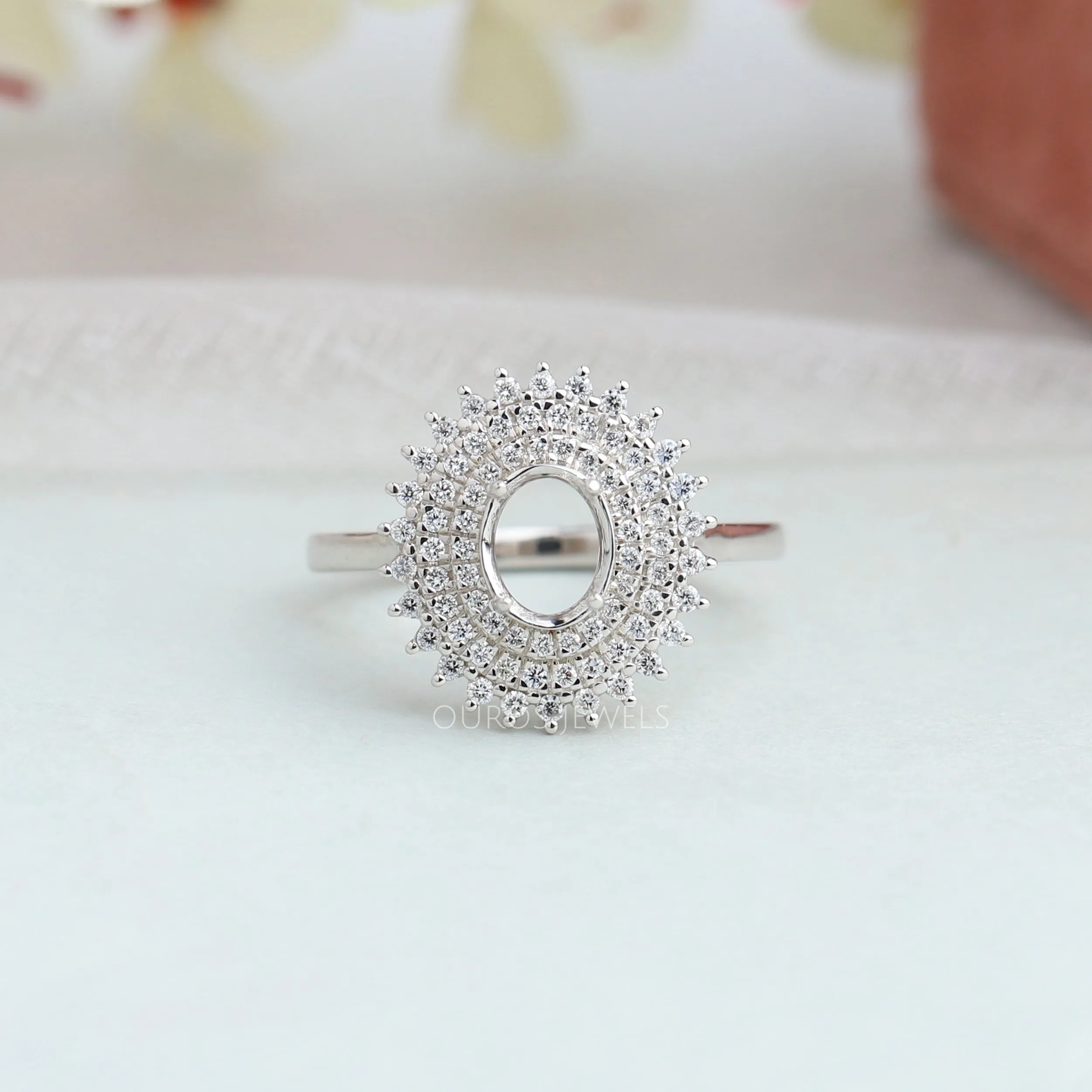 Oval Cut Semi Mount Cluster Diamond Engagement Ring