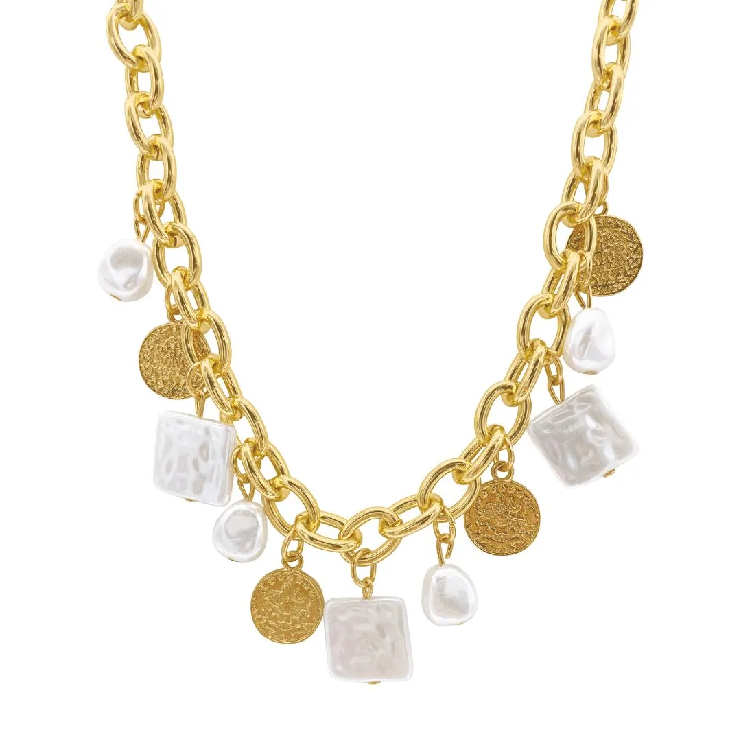 Oval Link Chain with Hammered Coin and Multishape Pearl Charms Necklace gold