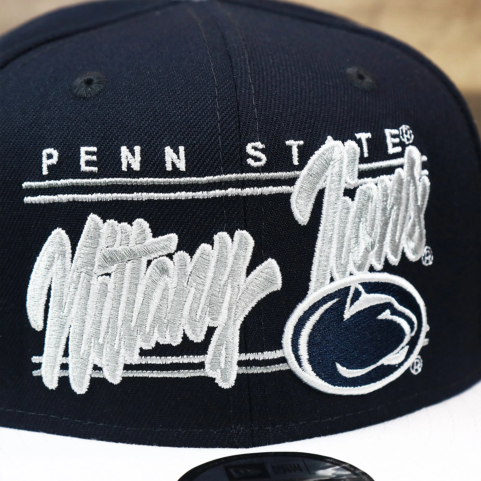 Penn State Nittany Lions Team Script Gray Bottom 9Fifty Snapback | Navy Blue And White Snap Cap