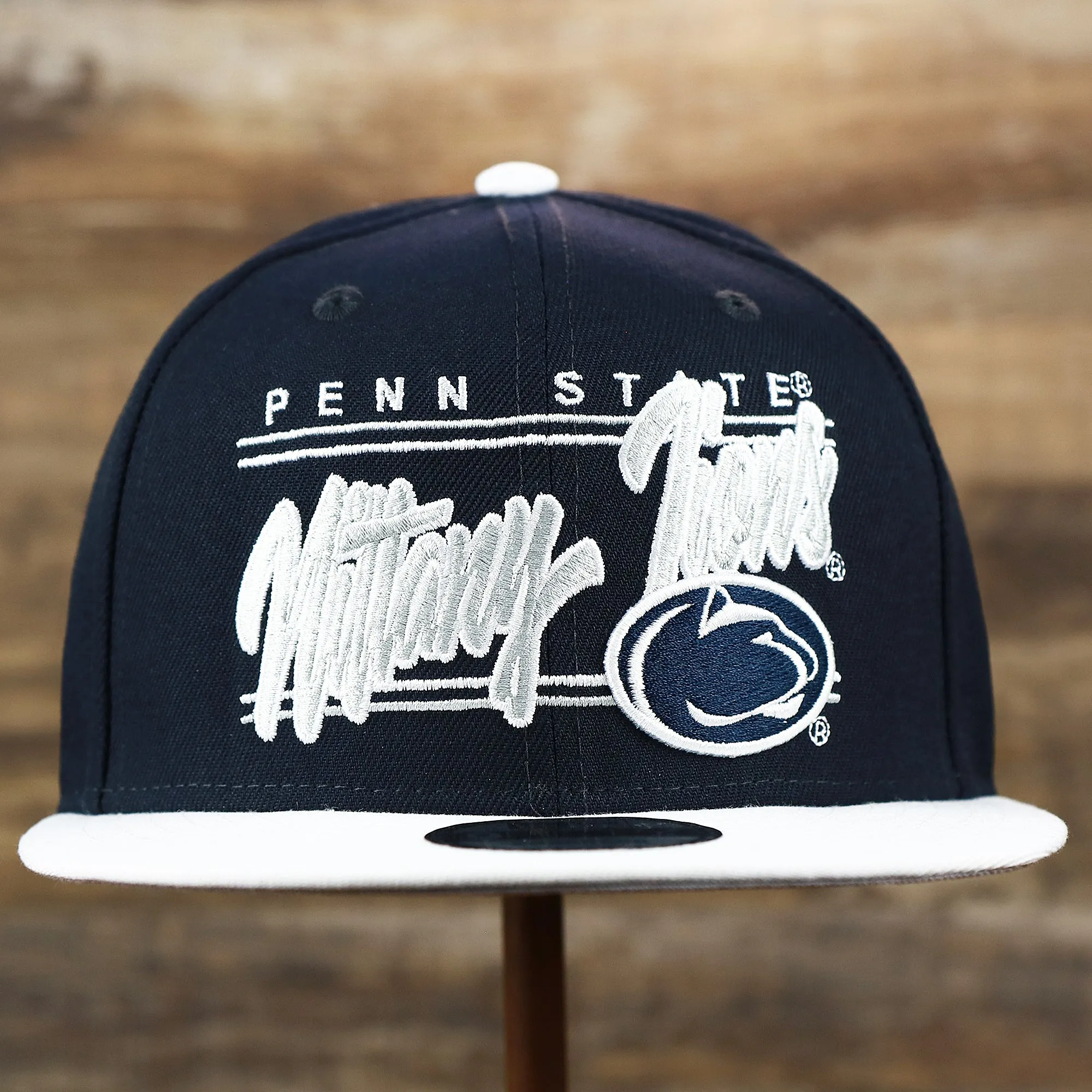 Penn State Nittany Lions Team Script Gray Bottom 9Fifty Snapback | Navy Blue And White Snap Cap