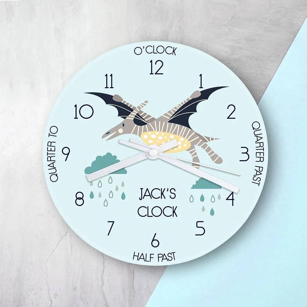 Personalised Kids Pterodactyl Glass Clock - Large