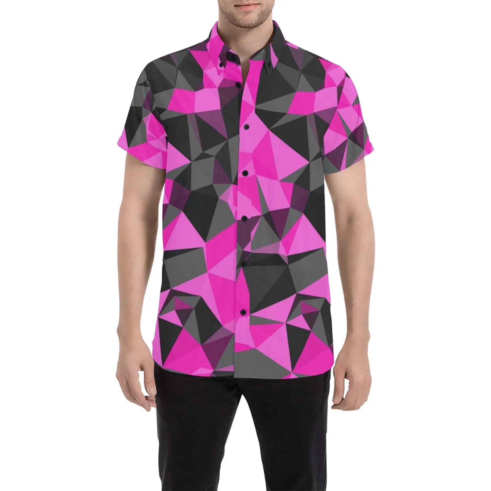 Pink and Black Geo Print Men's Big & Tall Short Sleeve Button Up Shirt