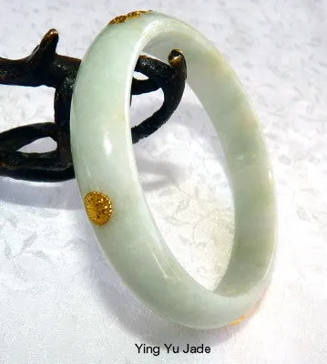 Precious 22K Gold Inset White with Green Hues  Jadeite Jade Bangle Bracelet 59.5mm (BB2225)