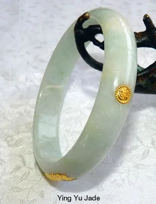 Precious 22K Gold Inset White with Green Hues  Jadeite Jade Bangle Bracelet 59.5mm (BB2225)