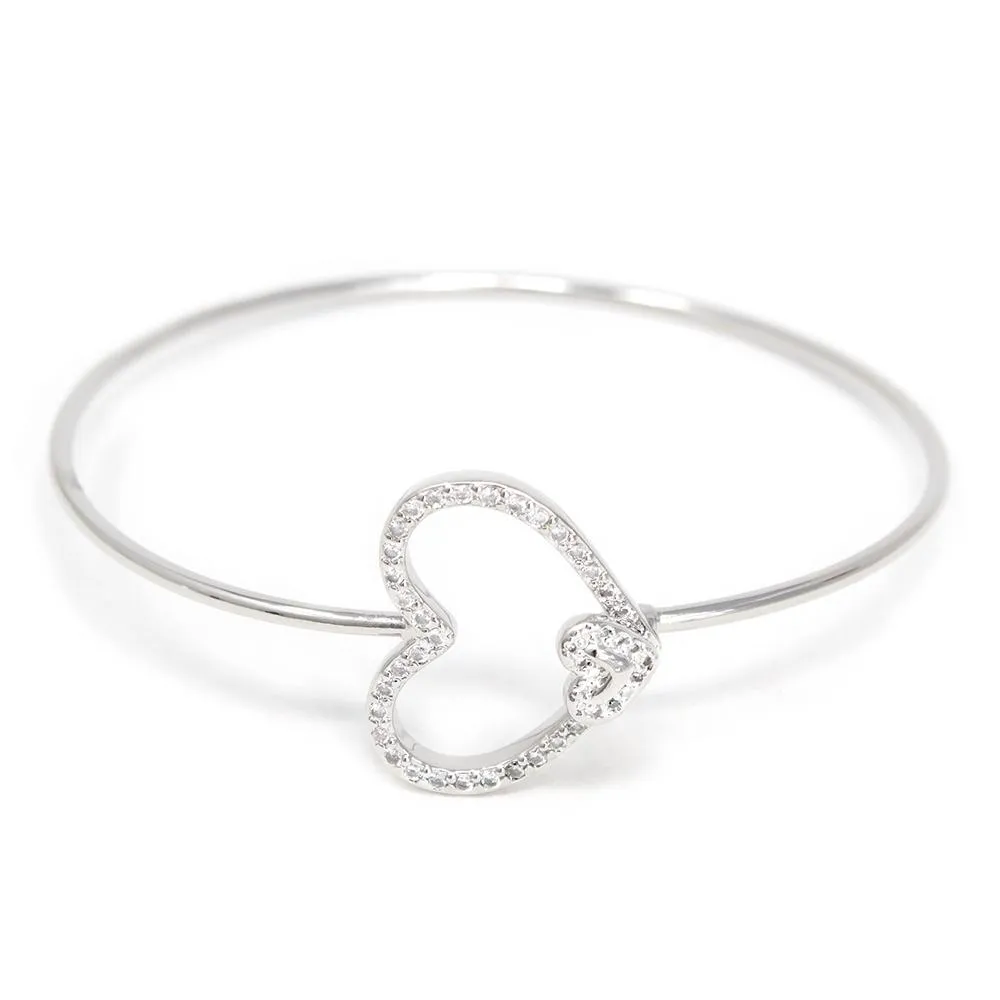 Rhodium Plated Bangle with Pave Heart