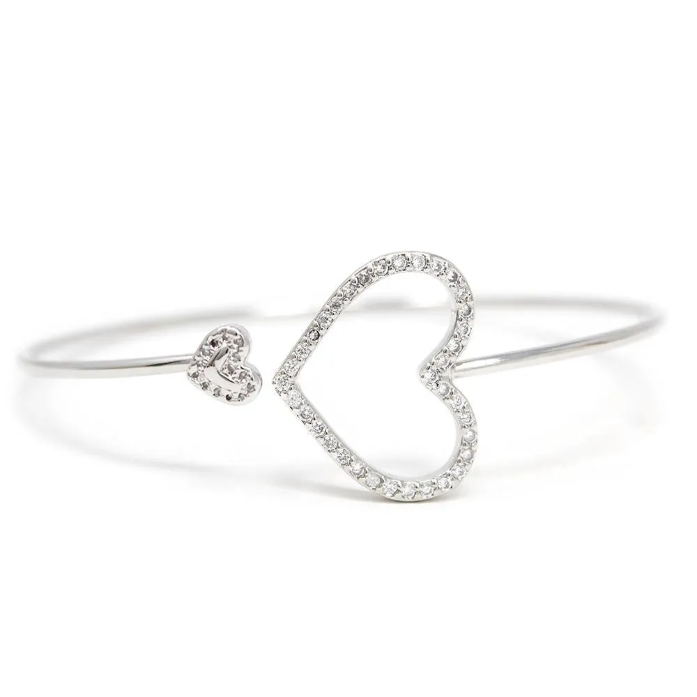 Rhodium Plated Bangle with Pave Heart