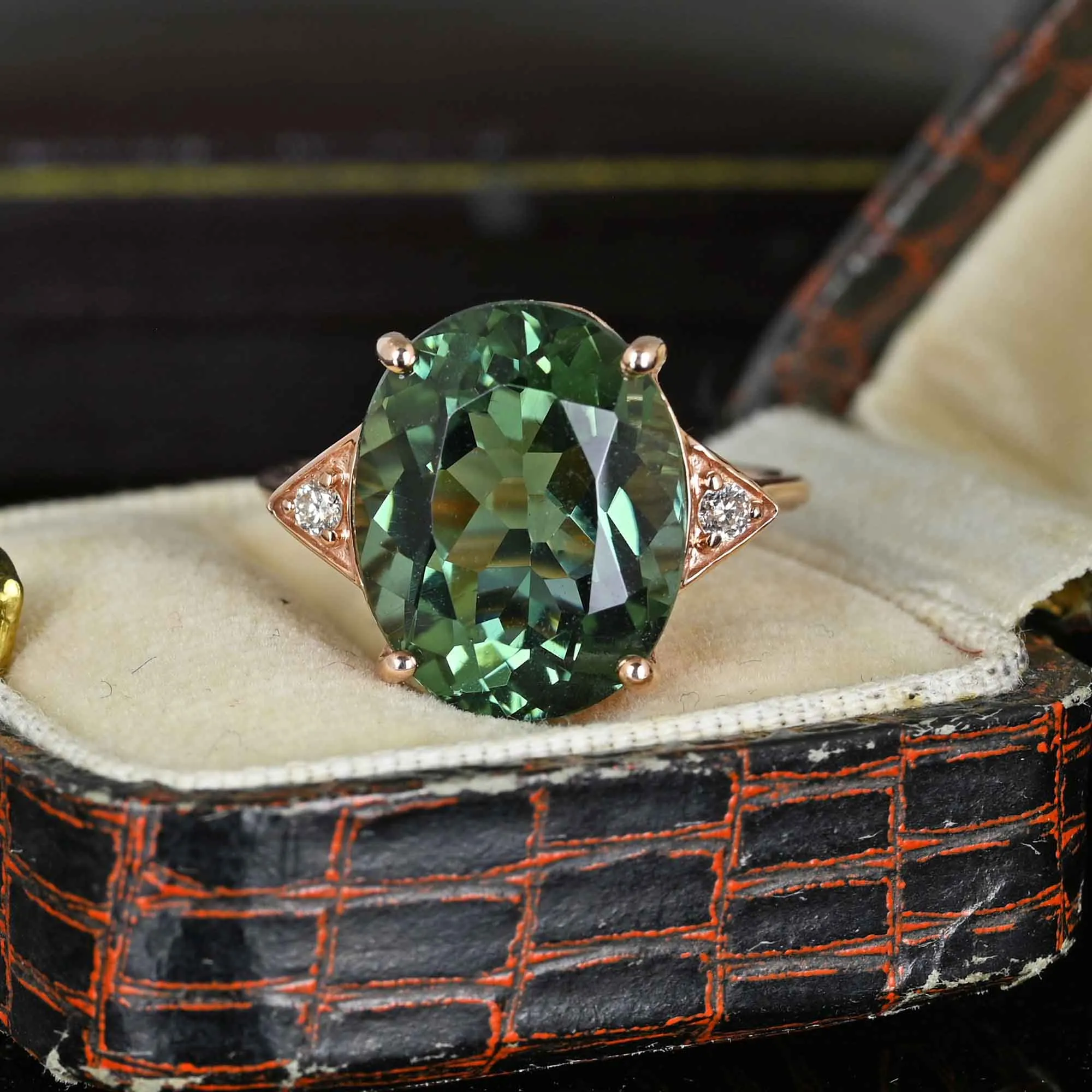 Rose Gold Diamond Green Amethyst Prasiolite Ring