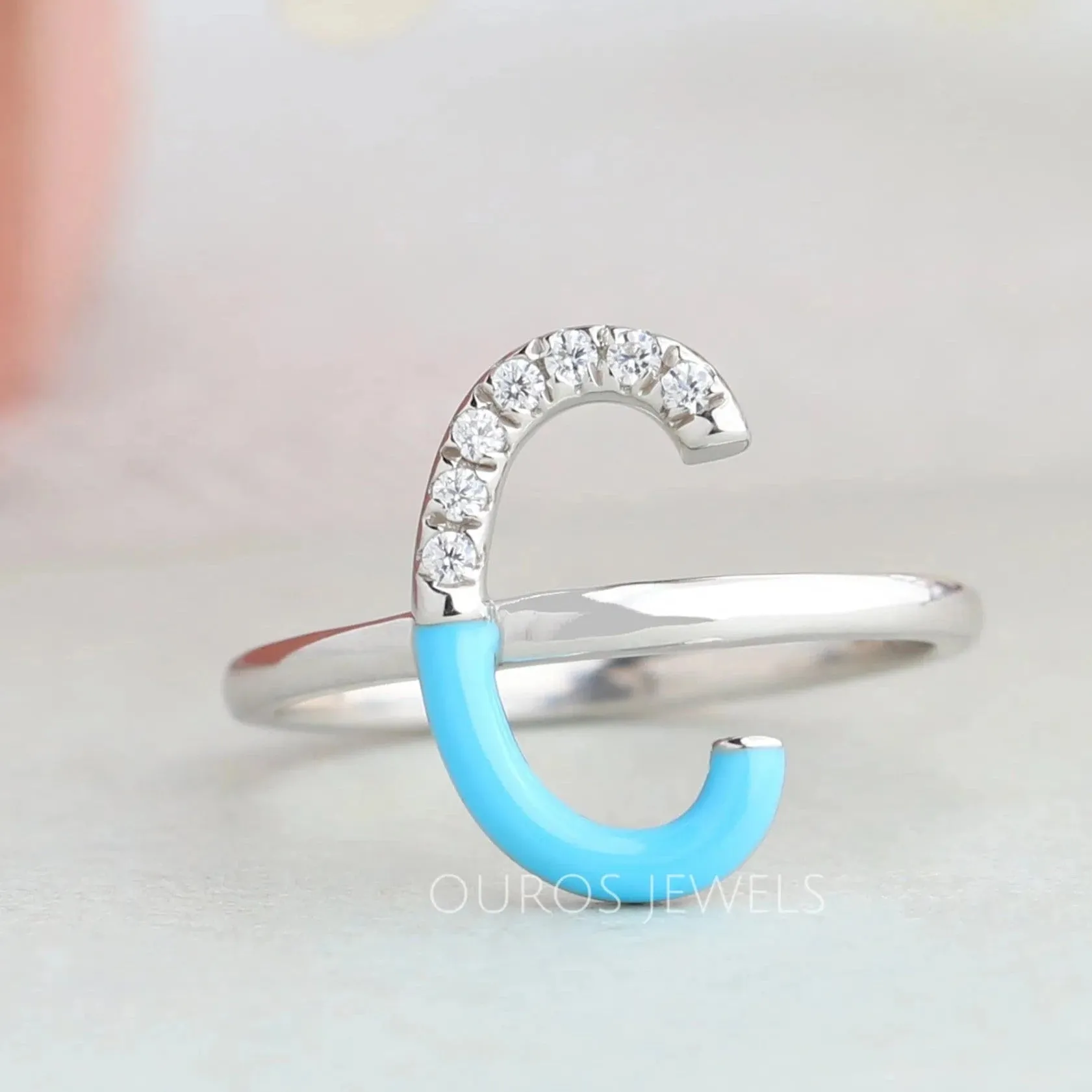 Round Cut Sky Enamel Engagement Ring