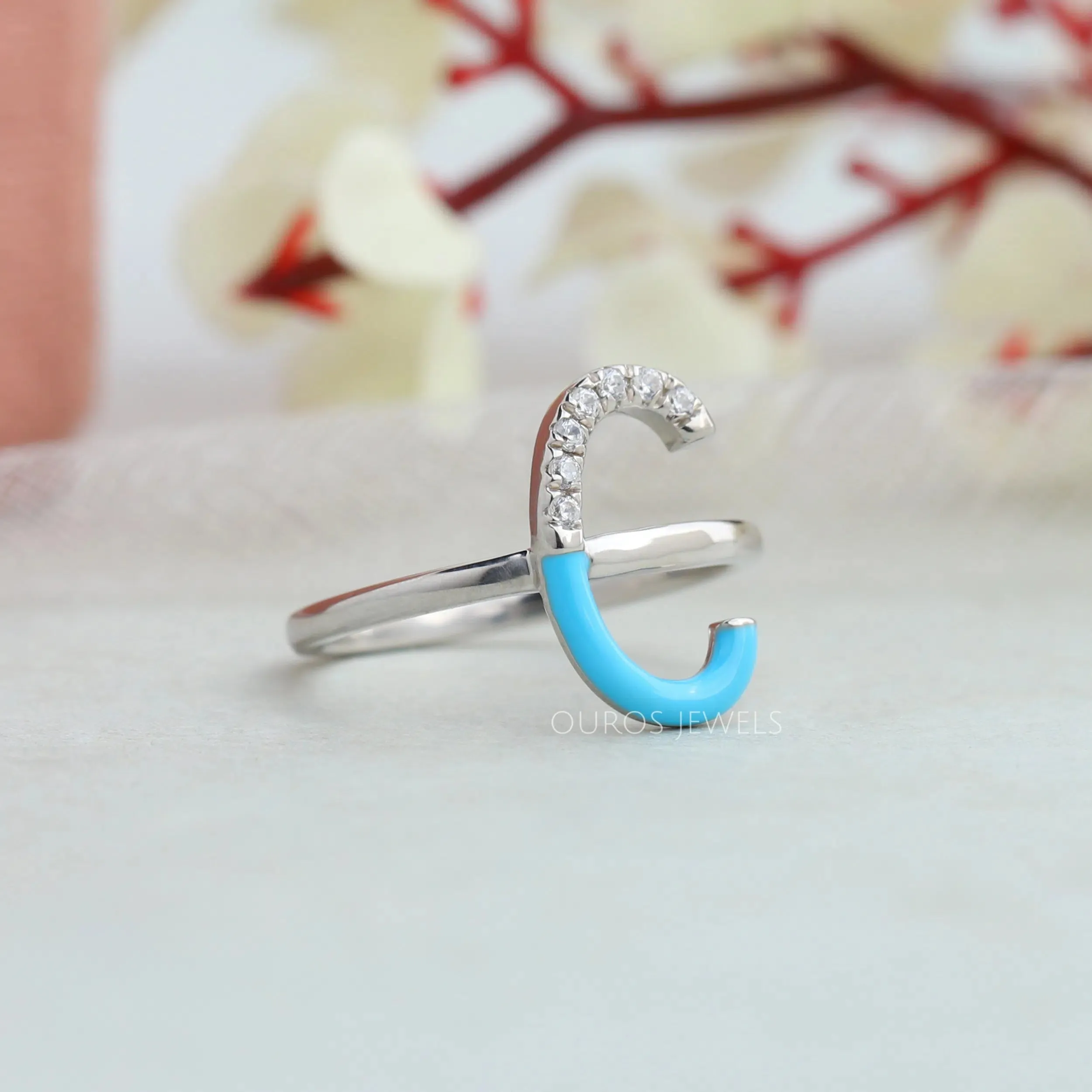 Round Cut Sky Enamel Engagement Ring