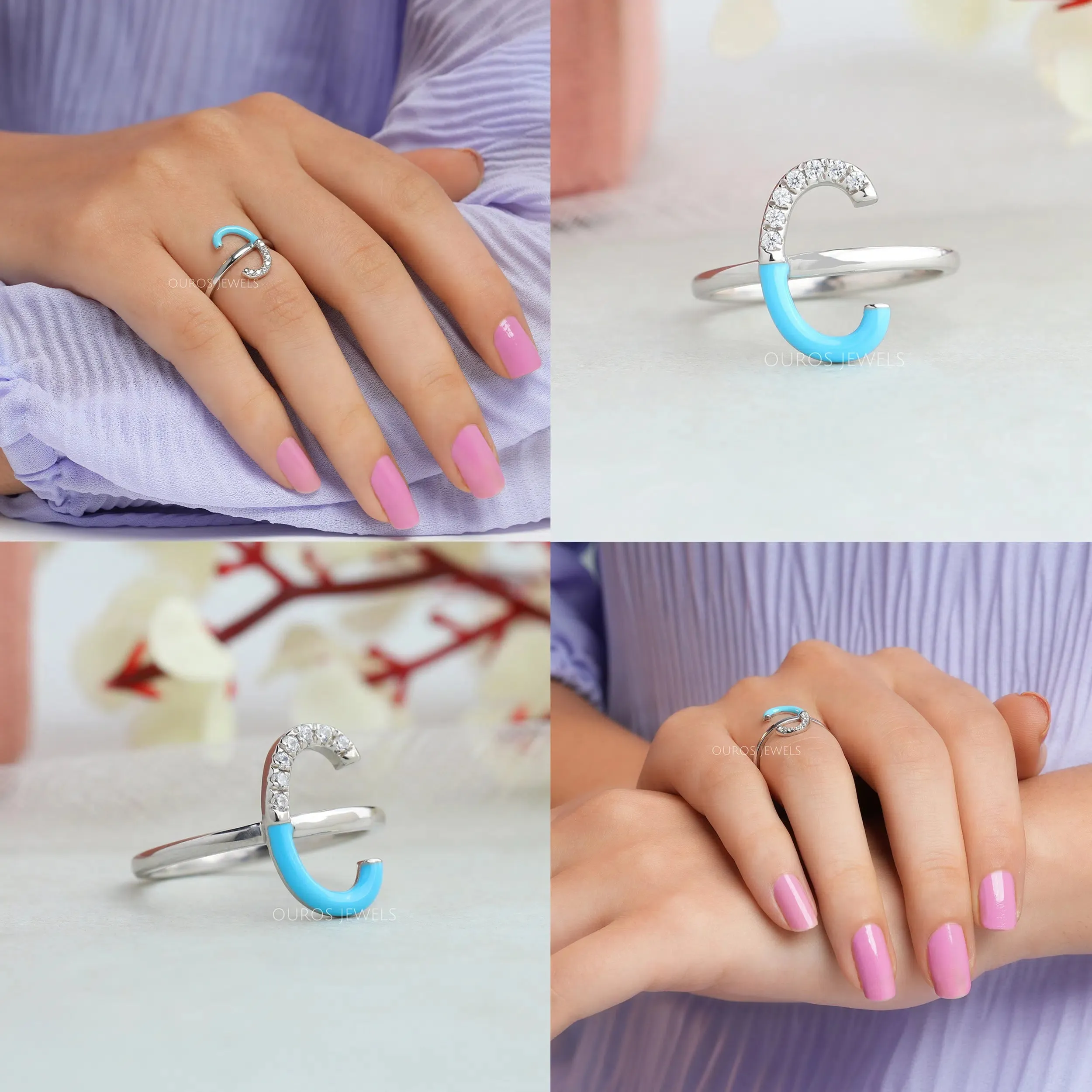 Round Cut Sky Enamel Engagement Ring