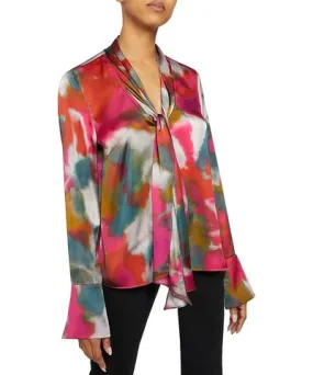 Santorelli Abstract Print Tie Neck Blouse