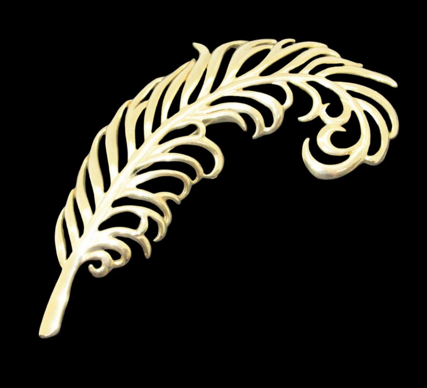 Sleek Vintage Large Golden Feather Brooch