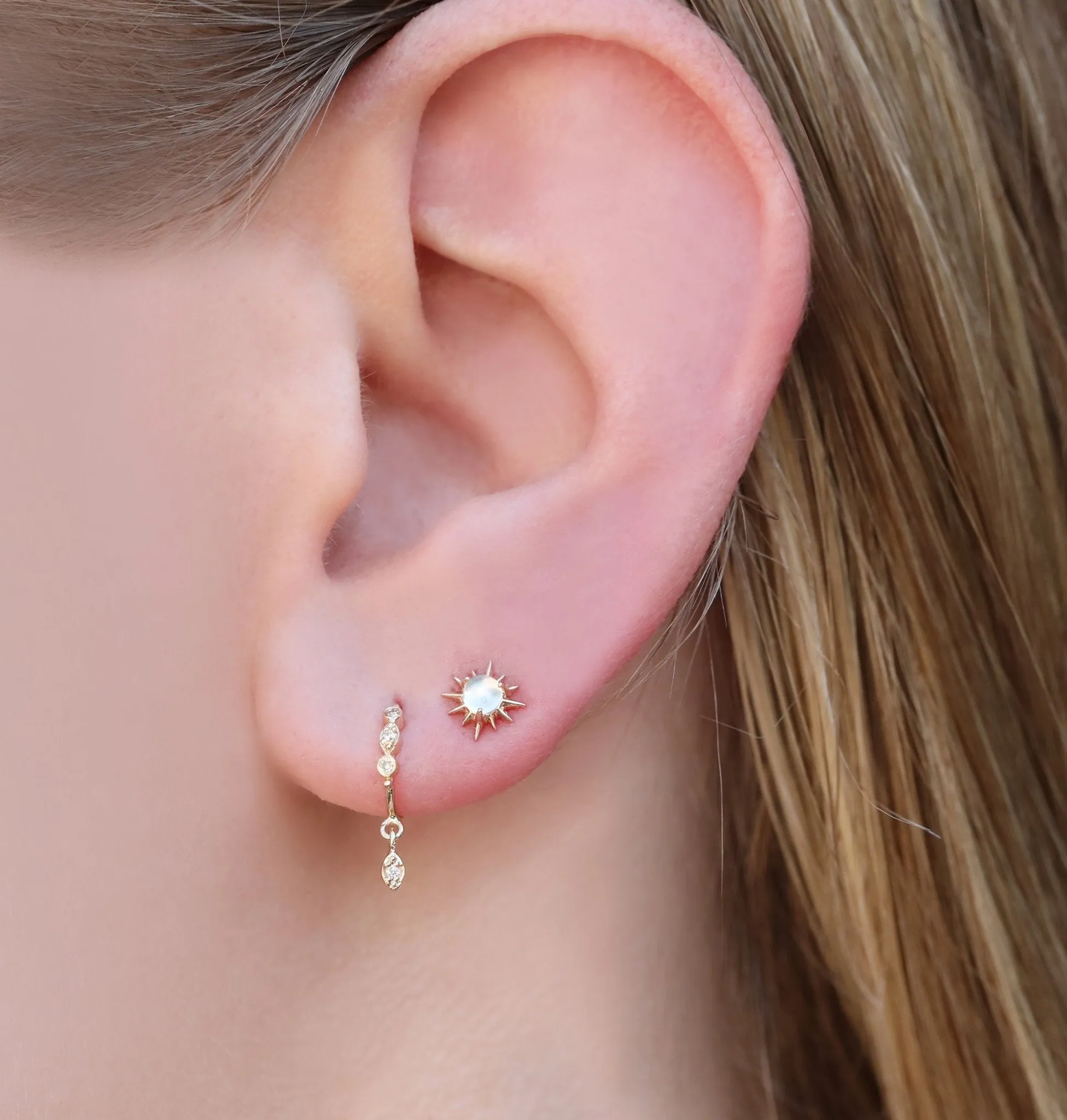 Small Hoop Earring with Diamond Eyes and Single Diamond Drop